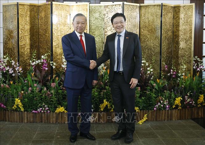 Tổng Bí thư, Chủ tịch nước Tô Lâm và Thủ tướng Singapore Lawrence Wong chụp ảnh chung. Ảnh: Thống Nhất – TTXVN
