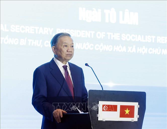 Tổng Bí thư, Chủ tịch nước Tô Lâm phát biểu tại Diễn đàn Kết nối công nghệ Việt Nam - Singapore. Ảnh: Thống Nhất – TTXVN