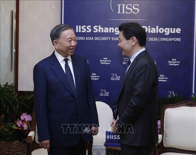Tổng Bí thư, Chủ tịch nước Tô Lâm và Thủ tướng Singapore Lawrence Wong dự Đối thoại Shangri-La lần thứ 23. Ảnh: Thống Nhất – TTXVN