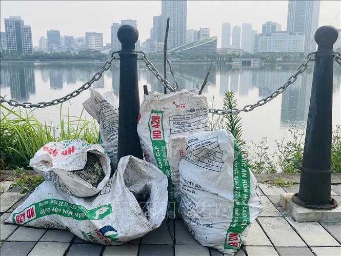 Những bao tải chứa xác cá chết được tập kết chờ đưa đi xử lý. Ảnh: Tuyết Mai - TTXVN 