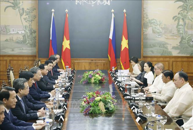 Tổng Bí thư, Chủ tịch nước Tô Lâm và Tổng thống Philippines Ferdinand Romualdez Marcos Jr. hội đàm cấp Nhà nước. Ảnh: Thống Nhất – TTXVN
