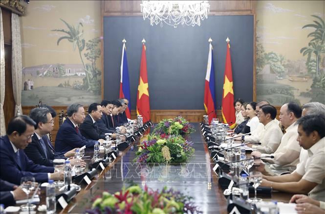 Tổng Bí thư, Chủ tịch nước Tô Lâm và Tổng thống Philippines Ferdinand Romualdez Marcos Jr. hội đàm cấp Nhà nước. Ảnh: Thống Nhất – TTXVN