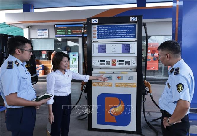 Cán bộ Đội QLTT số 16 kiểm tra cửa hàng kinh doanh xăng dầu số 84, Phúc Lợi, Hà Nội. Ảnh: Trần Việt - TTXVN