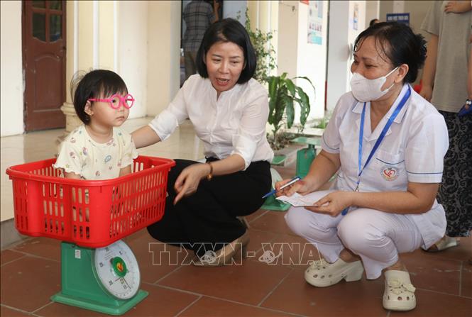 Triển khai cân, đo, đánh giá tình trạng dinh dưỡng và tư vấn chăm sóc sức khỏe trẻ em tại các điểm uống Vitamin A trên địa bàn tỉnh Ninh Bình. Ảnh: Thùy Dung - TTXVN