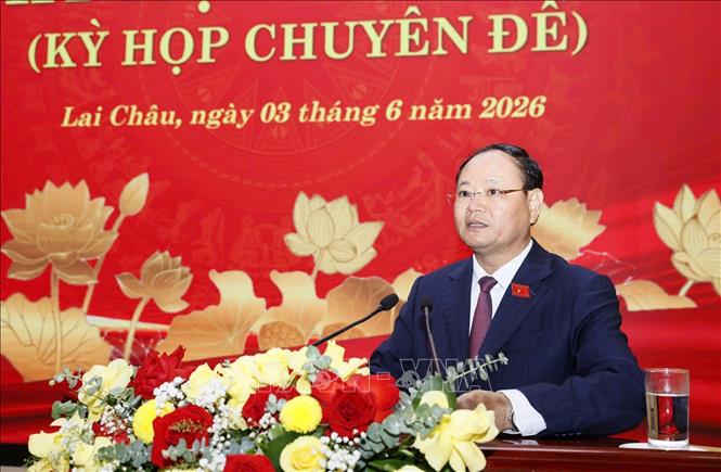 Bí thư Tỉnh ủy, Chủ tịch HĐND tỉnh Lai Châu Lê Minh Ngân phát biểu. Ảnh: Quý Trung – TTXVN