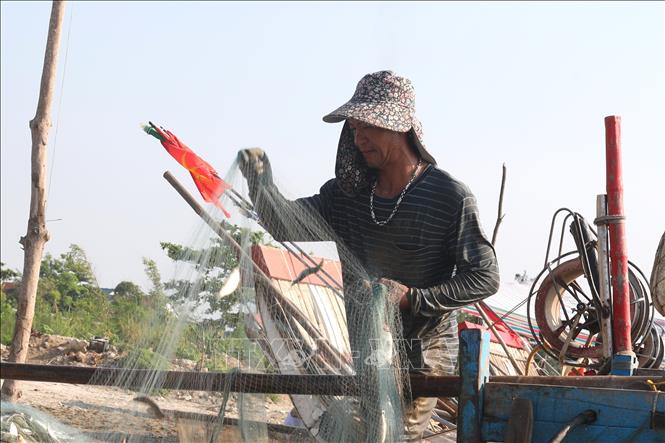 Ngư dân làng biển Thái Thịnh (xã Hải Châu, tỉnh Nghệ An) vất vả gỡ cá trích ra khỏi lưới trong thời điểm nắng nóng gay gắt. Ảnh: Xuân Tiến - TTXVN 
