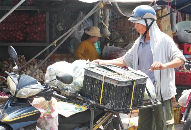 Người dân sắp xếp, vận chuyển hàng hóa dưới nắng nóng gay gắt ở khu vực chợ Đông Ba, phường Phú Xuân, thành phố Huế. Ảnh: Nguyên Lý - TTXVN