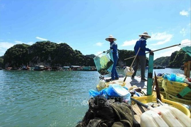 Công nhân vớt rác trôi nổi trên mặt vịnh Cát Bà (Hải Phòng) nhằm giảm thiểu những ảnh hưởng tiêu cực đến hệ sinh thái, môi trường sống, sức khỏe con người và sự phát triển bền vững của địa phương. Ảnh: An Đăng - TTXVN