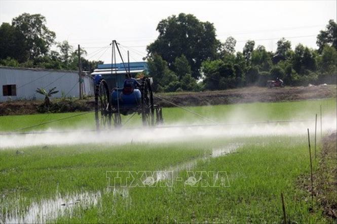 Thuốc bảo vệ thực vật có tác dụng tích cực bảo vệ mùa màng, tăng hiệu quả sản xuất. Tuy nhiên, chúng là nguyên nhân gây nên nhiều hậu quả nghiêm trọng tới môi trường (ô nhiễm đất, nguồn nước), đồng thời ảnh hưởng đến cả hệ sinh thái và sức khỏe con người. Trong ảnh: Người dân xã Kiên Bình, huyện Kiên Lương (Kiên Giang) sử dụng máy phun xịt thuốc trong sản xuất. Ảnh: Lê Sen - TTXVN