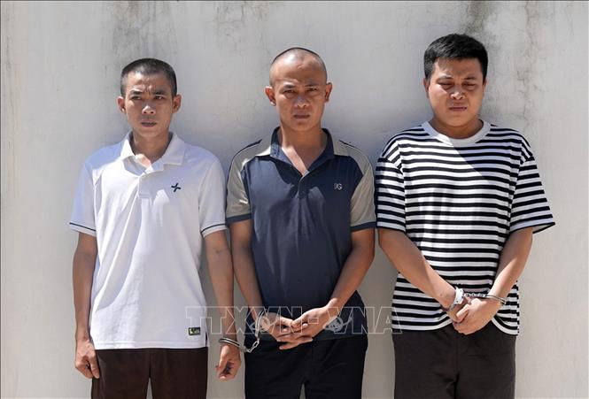 Từ trái qua phải 3 đối tượng Nguyễn Đăng Hiếu, Nguyễn Đăng Dũng, Phạm Văn Tùng cùng trú tại xã Tân Kỳ (Nghệ An) tại cơ quan công an. Ảnh: TTXVN phát