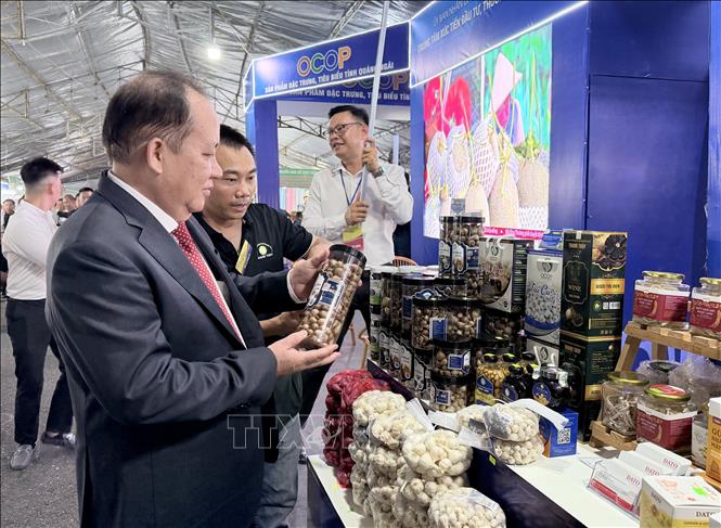 Lãnh đạo tỉnh An Giang than quan gian trưng bày sản phẩm nông nghiệp, OCOP tỉnh Quảng Ngãi. Ảnh: Thanh Sang - TTXVN
