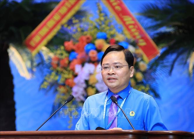 Đồng chí Nguyễn Anh Tuấn, Ủy viên Trung ương Đảng, Chủ tịch Tổng Liên đoàn Lao động Việt Nam phát biểu. Ảnh: Tuấn Anh - TTXVN