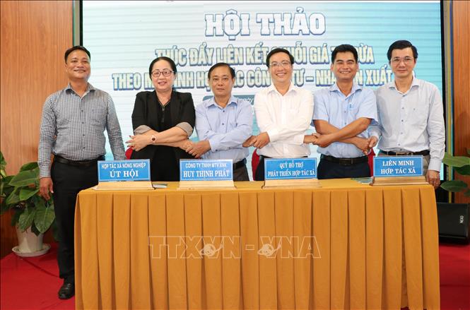 Các đơn vị đại diện khối công, Quỹ Hỗ trợ phát triển hợp tác xã tỉnh Vĩnh Long, doanh nghiệp và hợp tác xã đã kí kết biên bản ghi nhớ tại Hội thảo. Ảnh: Thanh Hòa- TTXVN