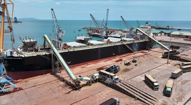 Bốc xếp hàng hoá xuất khẩu ở cảng Việt - Lào, Khu kinh tế Vũng Áng, tỉnh Hà Tĩnh. Ảnh: Vũ Sinh – TTXVN
