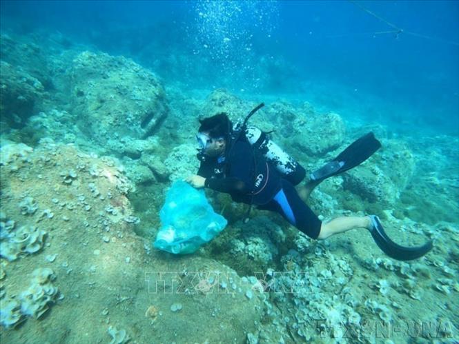 Thu gom rác thải nhựa dưới biển xã đảo Nhơn Hải, nay là phường Quy Nhơn Đông, tỉnh Gia Lai. Ảnh: TTXVN phát