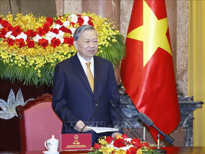 Tổng Bí thư, Chủ tịch nước Tô Lâm phát biểu tại buổi gặp mặt. Ảnh: Thống Nhất – TTXVN