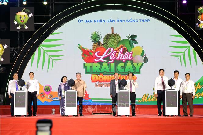 Các đại biểu nhấn nút khai mạc Lễ hội trái cây Đồng Tháp lần thứ nhất, năm 2026. Ảnh: Hồng Nhung – TTXVN