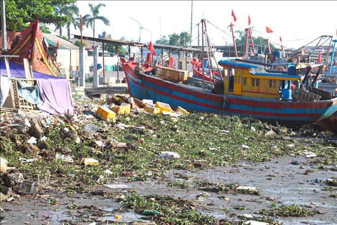 Vô số các loại rác thải từ hoạt động dân sinh và khai thác, chế biến thủy sản đang “bủa vây” cảng cá Lạch Vạn (xã Diễn Châu, tỉnh Nghệ An). Ảnh: Xuân Tiến - TTXVN 