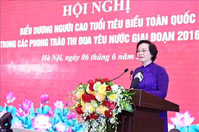 Đồng chí Phạm Thị Thanh Trà, Bí thư Trung ương Đảng, Phó Thủ tướng Chính phủ, Chủ tịch Ủy ban Quốc gia về Người cao tuổi Việt Nam phát biểu. Ảnh: Minh Đức - TTXVN 