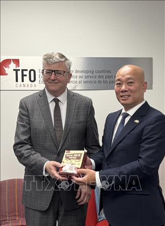 Trưởng đoàn Vietrade và TFO Canada trao quà lưu niệm sau phiên thảo luận. Ảnh: Hà Linh - TTXVN
