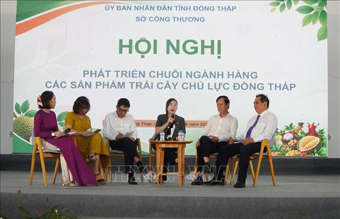 Đại diện hợp tác xã, doanh nghiệp thảo luận, trao đổi về tình hình phát triển ngành hàng trái cây của tỉnh Đồng Tháp. Ảnh: Nhựt An - TTXVN