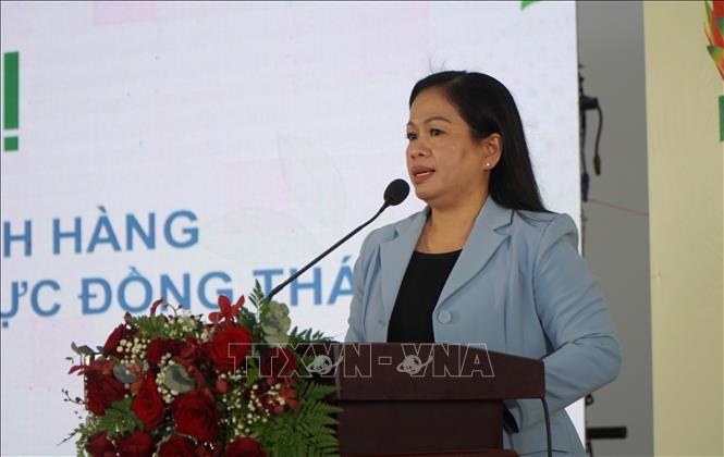 Giám đốc Sở Công thương tỉnh Đồng Tháp Võ Phương Thủy phát biểu tại hội nghị. Ảnh: Nhựt An - TTXVN