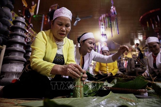 Các Mế Mường (phụ nữ cao tuổi) cùng nhau gói bánh chưng, bánh ống trong ngày Tết Năm mới của đồng bào Mường, là nét văn hóa đẹp của cộng đồng người Mường ở Phú Thọ (2026). Ảnh: Trọng Đạt-TTXVN