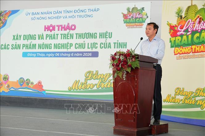Giám đốc Sở Nông nghiệp và Môi trường Đồng Tháp Lê Hà Luân phát biểu tại Hội thảo. Ảnh: Công Trí-TTXVN