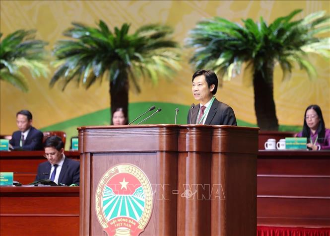 Phó Chủ tịch Hội Nông dân Việt Nam Nguyễn Xuân Định trình bày dự thảo, thông qua Chương trình làm việc và Quy chế làm việc của Đại hội. Ảnh: Hoàng Hiếu - TTXVN