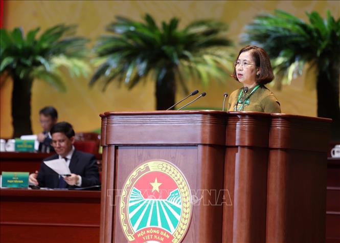 Phó Chủ tịch Hội Nông dân Việt Nam Bùi Thị Thơm thông báo về các Trung tâm thảo luận và hướng dẫn thảo luận tại 4 tổ. Ảnh: Hoàng Hiếu - TTXVN