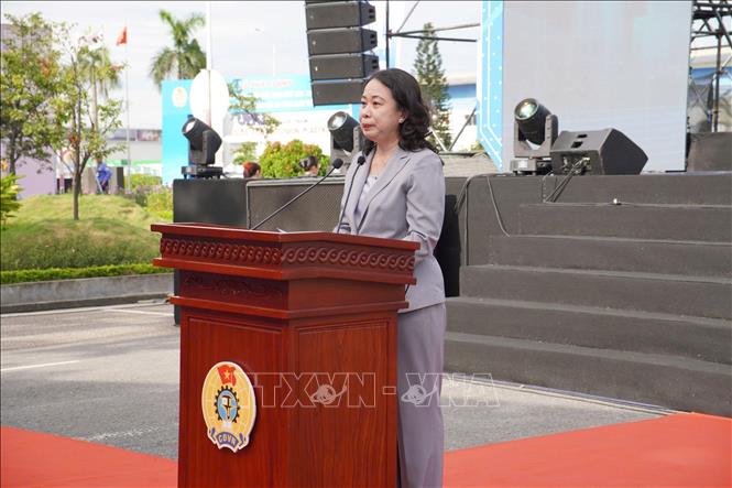 Phó Chủ tịch nước Võ Thị Ánh Xuân tại lễ phát động Phong trào thi đua “Lao động giỏi, năng suất cao, thu nhập tốt”, sáng 7/6/2026. Ảnh: Hùng Mạnh - TTXVN.