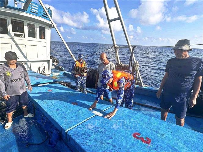 Lực lượng chức năng Bộ Tư lệnh Vùng Cảnh sát biển 4 kiểm tra hàng hóa trên tàu ĐT 93734 TS . Ảnh: Đức Thái-TTXVN phát.