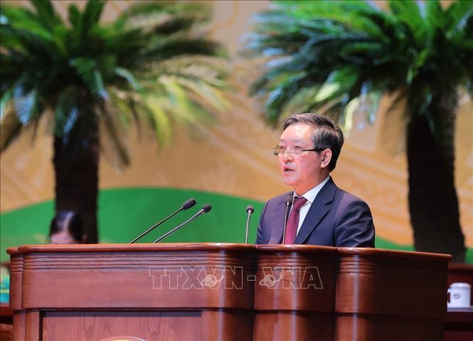 Chủ tịch Hội Nông dân Việt Nam khoá VIII Lương Quốc Đoàn trình bày Đề án nhân sự Ban Chấp hành Hội Nông dân Việt Nam khoá IX, nhiệm kỳ 2026 - 2031. Ảnh: Hoàng Hiếu - TTXVN