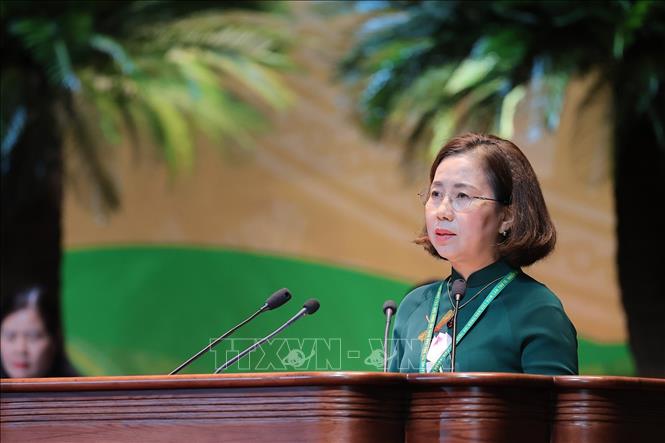 Đồng chí Bùi Thị Thơm, Phó Chủ tịch Ban Chấp hành Trung ương Hội Nông dân Việt Nam thảo luận dự thảo Điều lệ Hội Nông dân Việt Nam (sửa đổi, bổ sung). Ảnh: Lê Đông - TTXVN