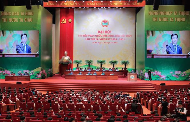 Đại hội đại biểu Hội Nông dân Việt Nam khoá IX, nhiệm kỳ 2026 - 2031, phiên làm việc chiều 7/6. Ảnh: Lê Đông - TTXVN