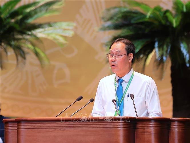 Trưởng ban Bầu cử Nguyễn Thành Trung phổ biến quy chế bầu cử Ban Chấp hành Hội Nông dân Việt Nam khoá IX, nhiệm kỳ 2026 - 2031. Ảnh: Hoàng Hiếu - TTXVN