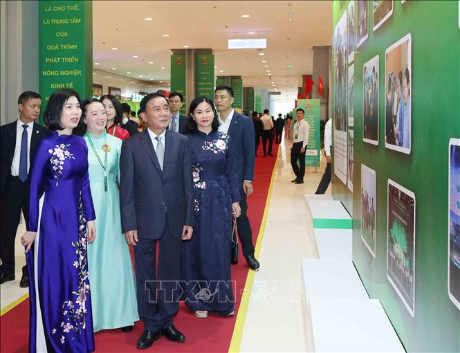 Thường trực Ban Bí thư Trần Cẩm Tú cùng các đại biểu tham quan trưng bày ảnh tại Đại hội. Ảnh: Phương Hoa - TTXVN