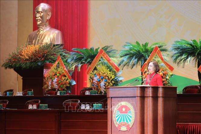 Đồng chí Bùi Thị Thơm, Phó Chủ tịch Ban Chấp hành Trung ương Hội Nông dân Việt Nam báo cáo tóm tắt kết quả ngày làm việc thứ nhất. Ảnh: Lê Đông - TTXVN