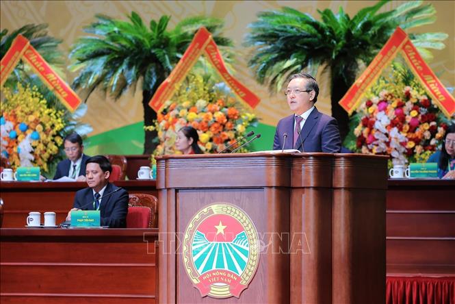 Đồng chí Lương Quốc Đoàn, Uỷ viên Ban Chấp hành Trung ương Đảng, Chủ tịch Ban chấp hành Trung ương Hội Nông dân Việt Nam phát biểu khai mạc Đại hội. Ảnh: Lê Đông - TTXVN