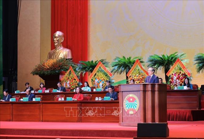 Đồng chí Lương Quốc Đoàn, Uỷ viên Trung ương Đảng, Chủ tịch Ban chấp hành Trung ương Hội Nông dân Việt Nam trình bày Diễn văn khai mạc Đại hội. Ảnh: Hoàng Hiếu - TTXVN