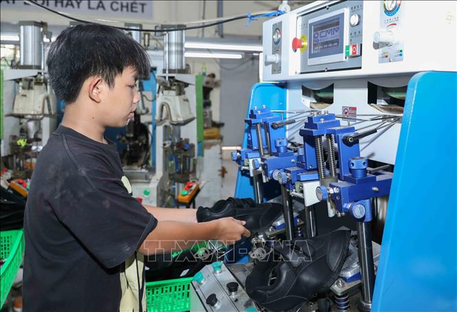 Nhân viên vận hành dây chuyền định hình 3D mũi nóng - lạnh tại Công ty TNHH Nam Bình với thương hiệu Prowin. Ảnh: Phan Phương – TTXVN