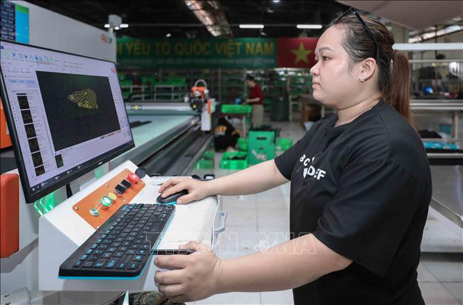 Công nhân vận hành máy cắt da tự động công nghệ cao tại Công ty TNHH Nam Bình với thương hiệu Prowin. Ảnh: Phan Phương – TTXVN