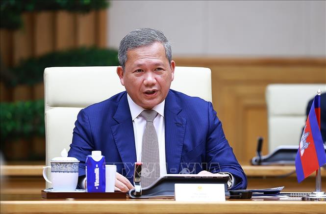 Thủ tướng Campuchia Hun Manet phát biểu tại cuộc hội đàm với Thủ tướng Lê Minh Hưng. Ảnh: Dương Giang – TTXVN
