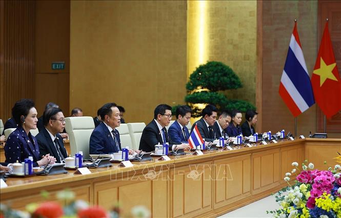 Thủ tướng Thái Lan Anutin Charnvirakul phát biểu tại cuộc hội đàm với Thủ tướng Lê Minh Hưng. Ảnh: Dương Giang – TTXVN

