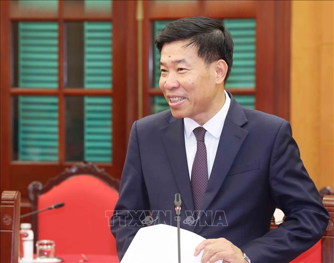 Đồng chí Nguyễn Mạnh Cường, Uỷ viên Trung ương Đảng, Thứ trưởng Thường trực Bộ ngoại giao phát biểu tại buổi tiếp. Ảnh: Phương Hoa - TTXVN