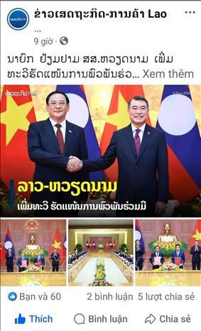 Bài đăng trên trang Facebock chính thức của tờ Kinh tế-thương mại của Lào. Ảnh: TTXVN