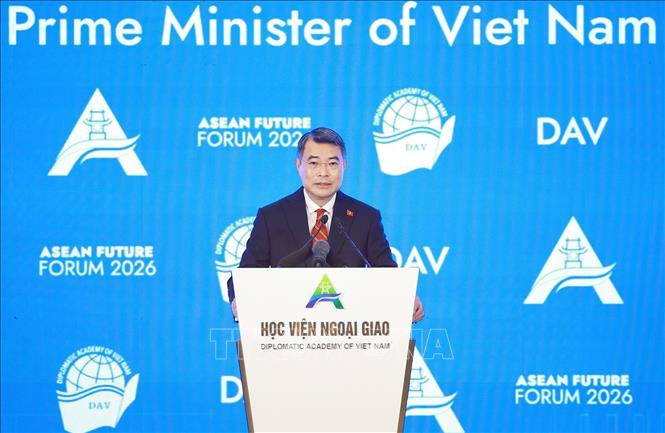 Thủ tướng Lê Minh Hưng phát biểu tại Phiên khai mạc Diễn đàn Tương lai ASEAN lần thứ ba. Ảnh: Dương Giang – TTXVN
