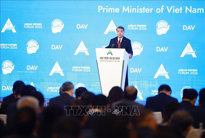 Thủ tướng Lê Minh Hưng phát biểu tại Phiên khai mạc Diễn đàn Tương lai ASEAN lần thứ ba. Ảnh: Dương Giang – TTXVN
