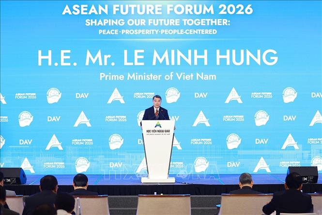 Thủ tướng Lê Minh Hưng phát biểu tại Phiên khai mạc Diễn đàn Tương lai ASEAN lần thứ ba. Ảnh: Dương Giang – TTXVN

