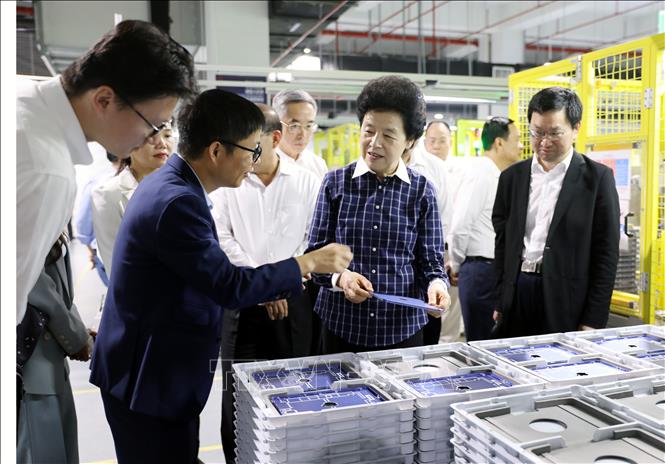 Phó Chủ tịch Chính hiệp toàn quốc Trung Quốc Hàm Huy thăm phân xưởng sản xuất của Công ty TNHH BYD Việt Nam tại Khu công nghiệp Phú Hà, tỉnh Phú Thọ. Ảnh: Tạ Toàn – TTXVN